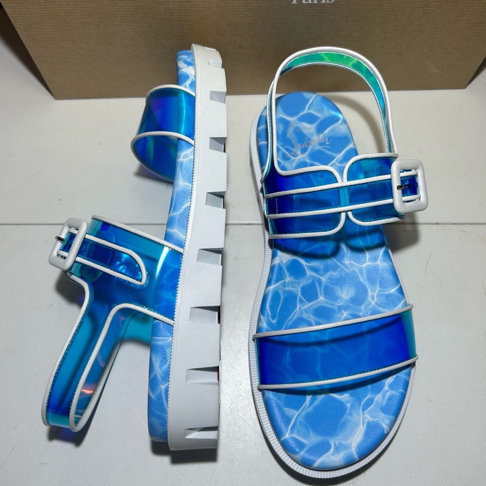 NEW CHRISTIAN LOUBOUTIN DUNISS COOL SANDALS IRIDESCENT BLUE/WHITE LUG SOLE SZ 37 - Picture 13 of 16